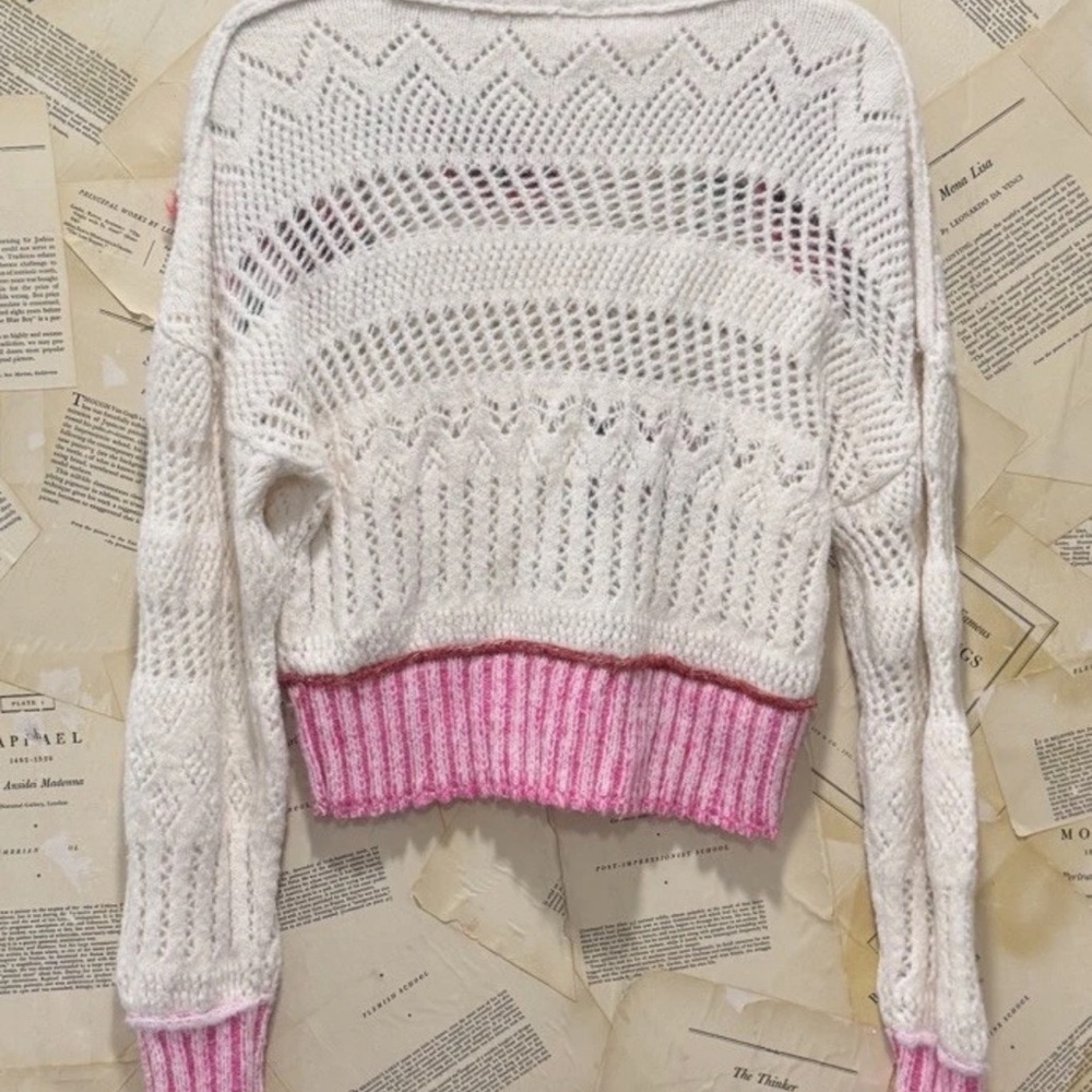 Free People Inge Pullover Sweater Floral Knit Crop Rib Trim Ivory Rose Combo - Picture 6 of 6